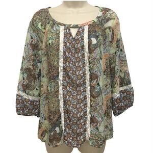 Fig And Flower Boho Peasant Blouse Womens Petite Medium Sheer Floral Paisley